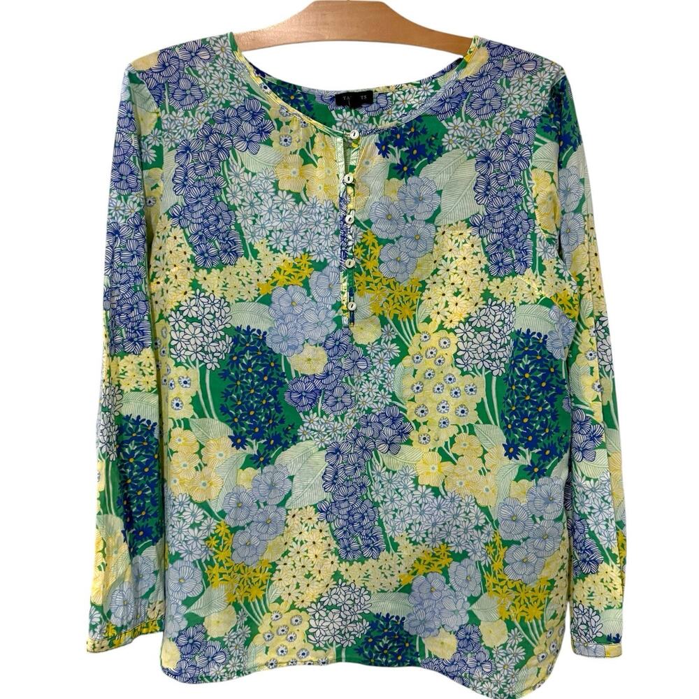 Talbots | Top Long Sleeve Floral Cotton Yellow Green Pullover Lightweight- Large